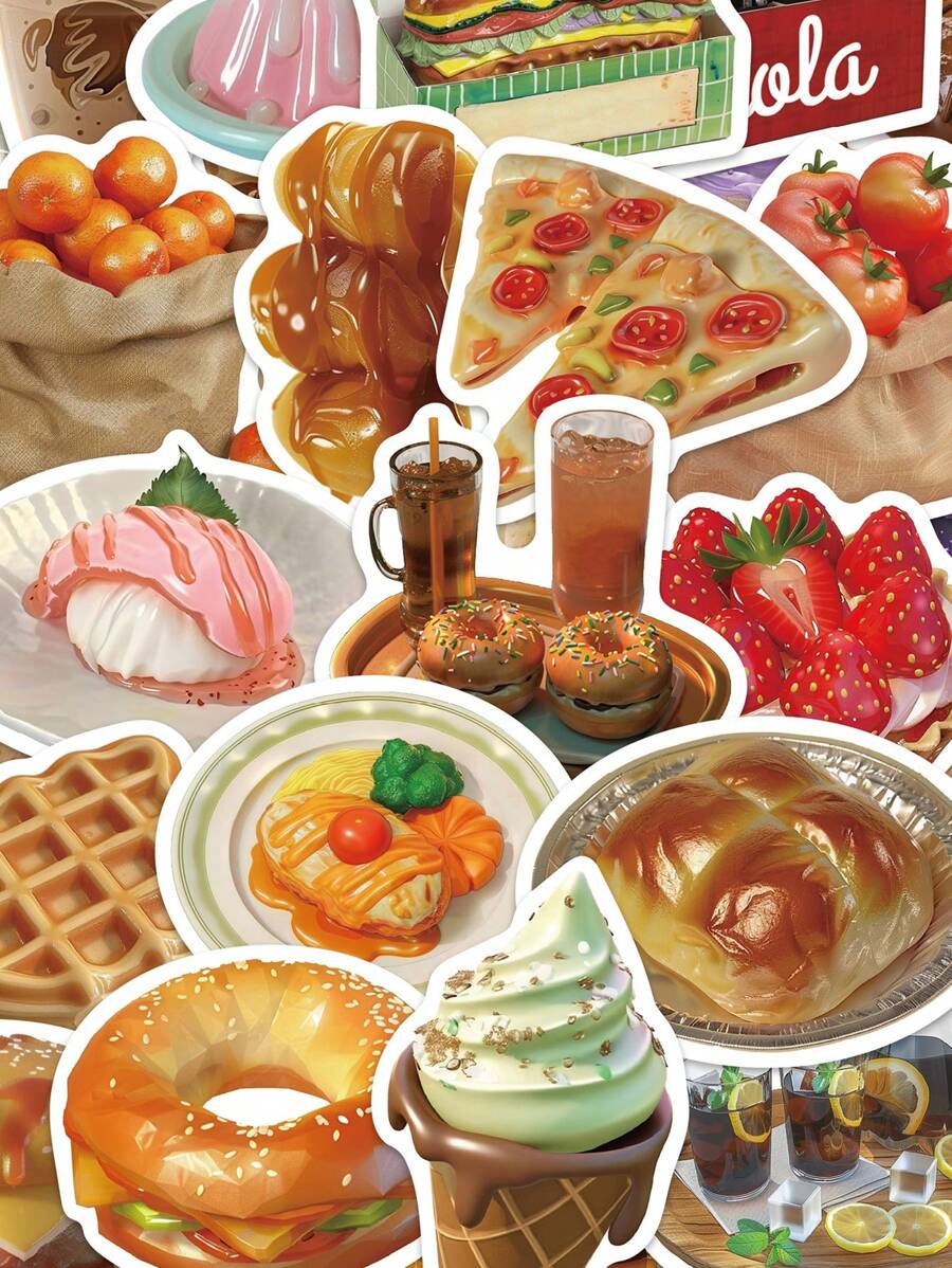 50 unidades Pegatinas de comida deliciosa, decorativas para equipaje, refrigerador, escritorio, tableta, diario, cuaderno, portátil, fundas de teléfono