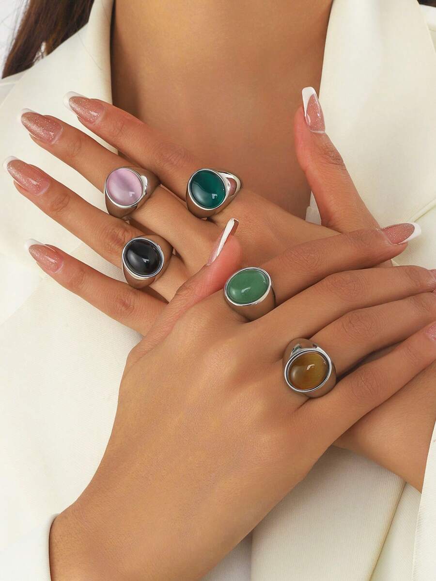 1 peça de cristal natural incrustado em aço inoxidável prateado, ágata, ágata verde, olho de tigre, anel de olho de gato sintético, adequado para presente de casal no dia dos namorados, uso diário para mulheres, mãe, mãe, dia das mães, presente
