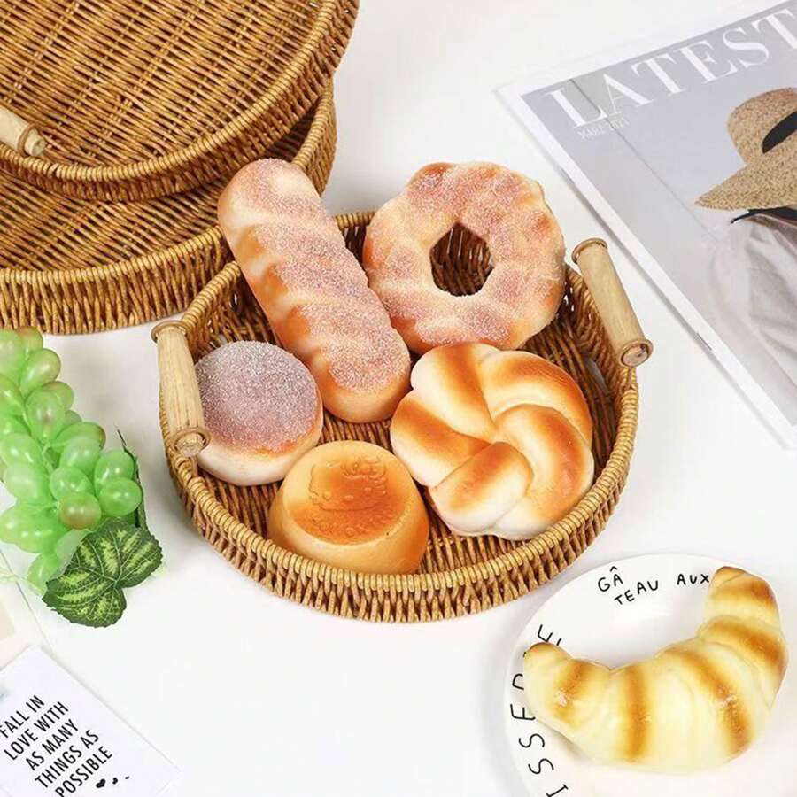3 Hand-Woven Rattan Bread Baskets Fruit Basket Trays, Kitchen Accessories Tools, Home Decor Storage Baskets, Round Rattan Service Trays With Handles, Suitable For End Table Decorations, Breads, Fruits, Snacks