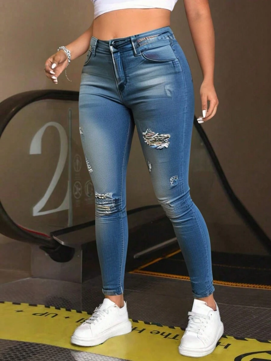 Vaqueros, primavera, verano, otoño e invierno, leggings con cremallera frontal y botones de color azul liso para mujer, vaqueros lavados