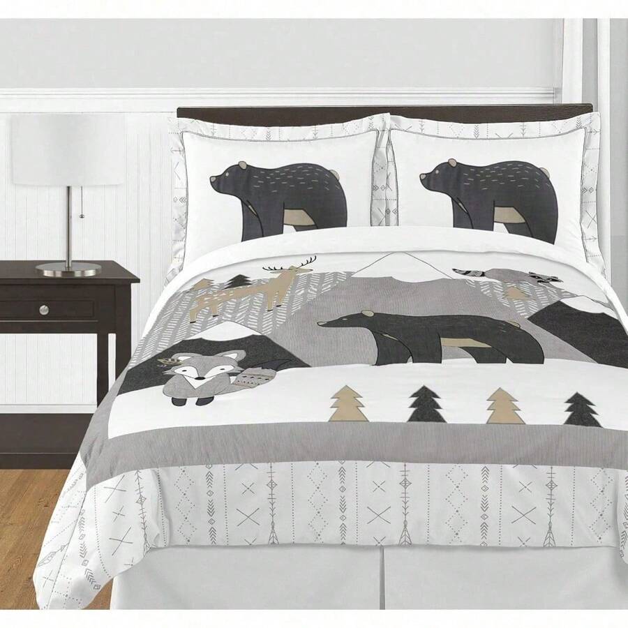 Beige Grey White Boho Mountain Animal Unisex Boy Or Girl Full Queen Size Kid Childrens Bedding Comforter Set For Gray Woodland Forest Friends Collection - 3 Pieces - Deer Bear