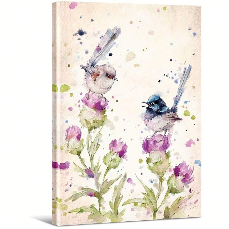 Two Birds On Flowers With Watercolor Effect Large Wooden Framed Wall Art Home Decor Canvas Painting- For Bedroom, Bathroom, Living Room, Office, Kitchen, Holiday Gift- 1pc