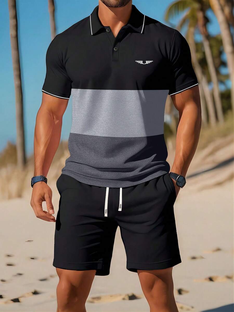 Ensemble polo et short à manches courtes pour homme d'été, avec logo imprimé sur la poitrine, blocs de couleurs et rayures. Top polo avec col polo, couleurs contrastées. Pantalon avec taille élastique et cordon de serrage. Tenue de 2 pièces idéale pour la plage, les loisirs, les sports, le golf, la pêche, le camping. Cadeau pour petit ami, mari.