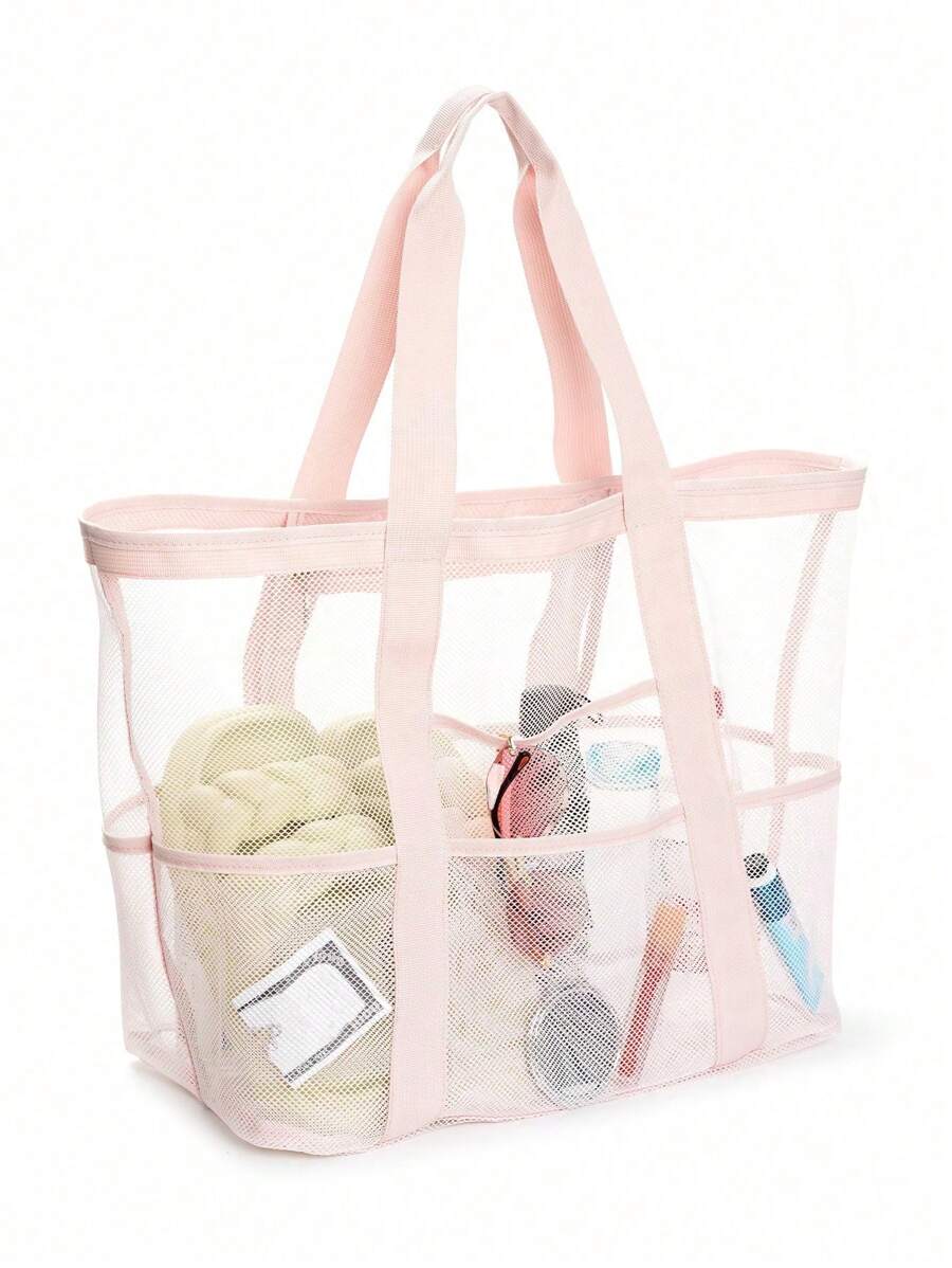 Bolsa de playa de malla de poliéster hueca de gran capacidad, bolsa de lavado para viajes, bolsa de almacenamiento para natación, bolsa de playa minimalista de malla. Regalo del Día de la Madre para mamá, perfecto para vacaciones en la playa, compras y artículos esenciales para vacaciones.