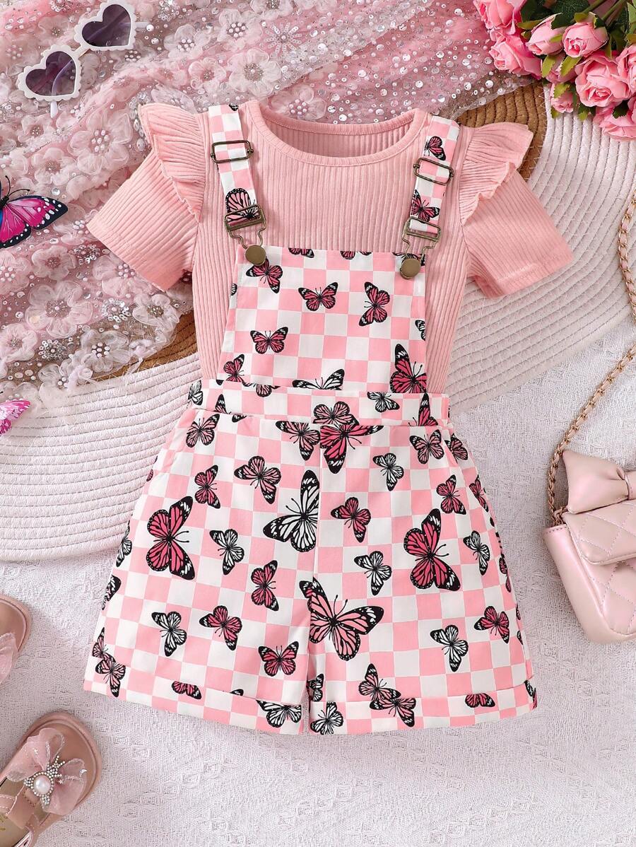 Young Girls Ribbed Solid Color Cap Sleeve Ruffle Top & Butterfly Print Strap Shorts 2 Pieces Set, Spring/Summer