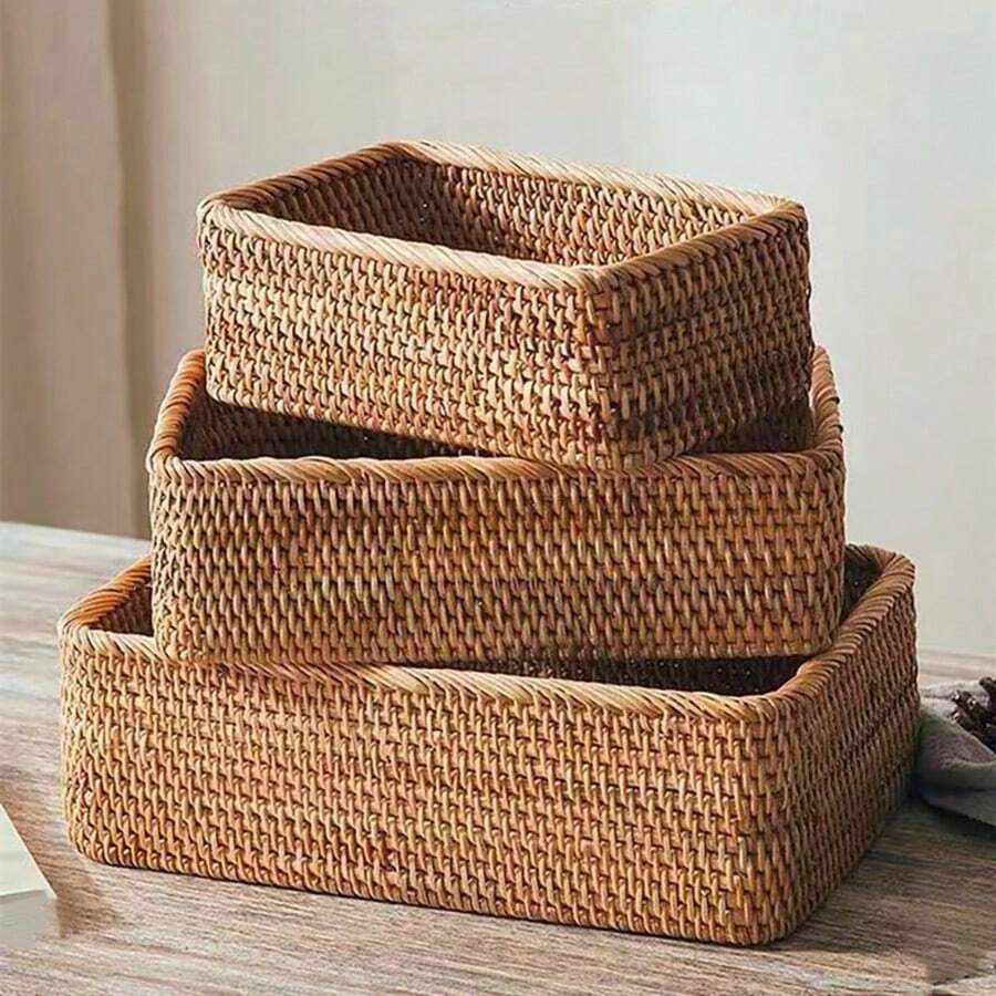 1 pièce/3 pièces Panier à fruits en rotin, plateau carré panier à pain, panier de service décoratif tressé à la main pour table de salon, plan de travail de cuisine, décoration rustique de maison
