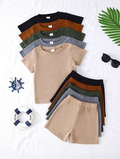 10pcs Set Boys Casual Solid Color Waffle Texture Soft Short Sleeve T-Shirt & Shorts Outfit, Spring/Summer