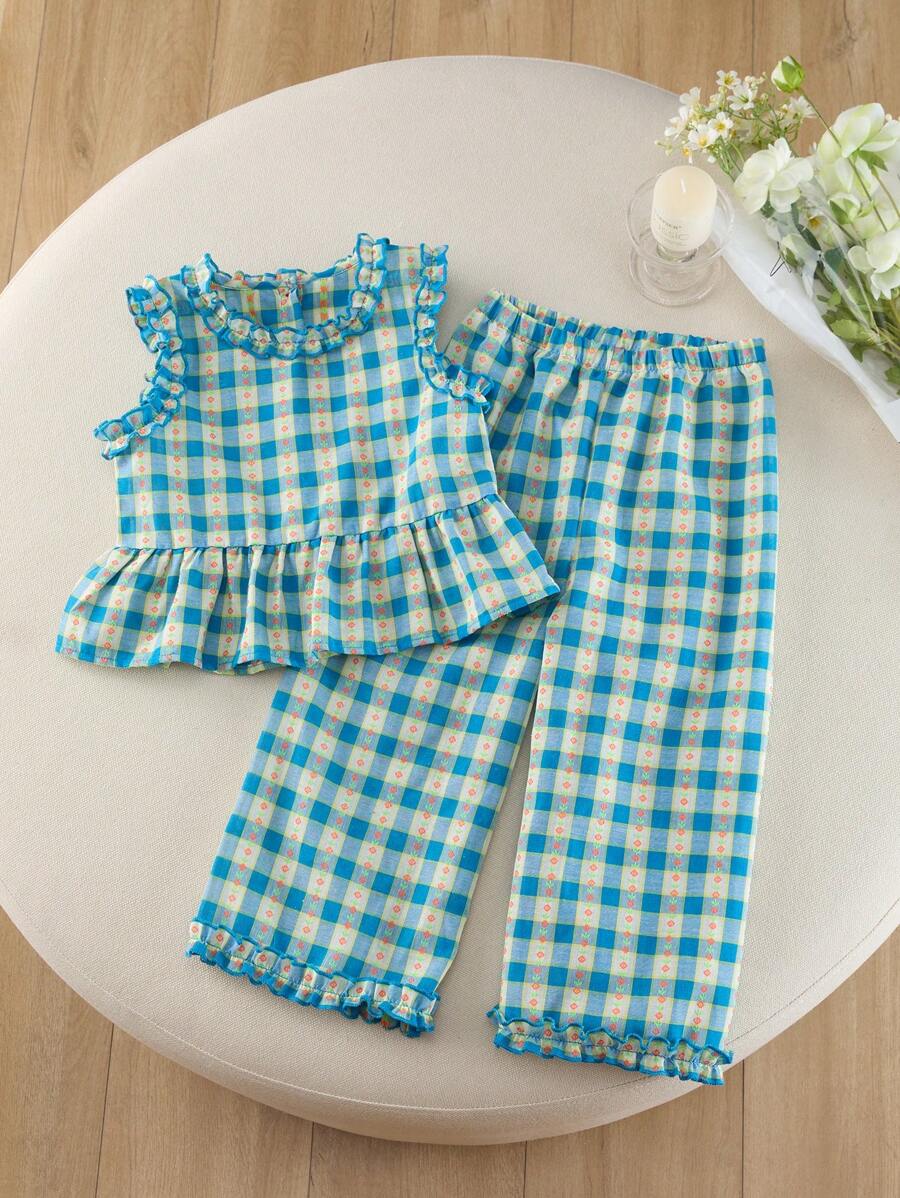 2pcs Girls Young Girl Casual Floral Plaid Pattern Shirred Collar & Sleeves Tank Top & Wide Leg Pants Set, Summer