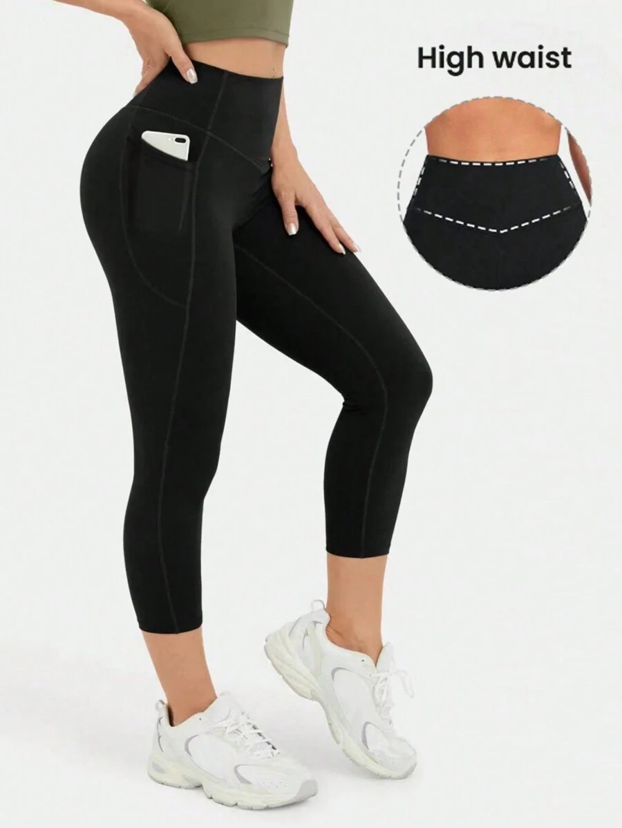 Leggings décontractés à taille haute avec poches, couleur unie, pour un port quotidien