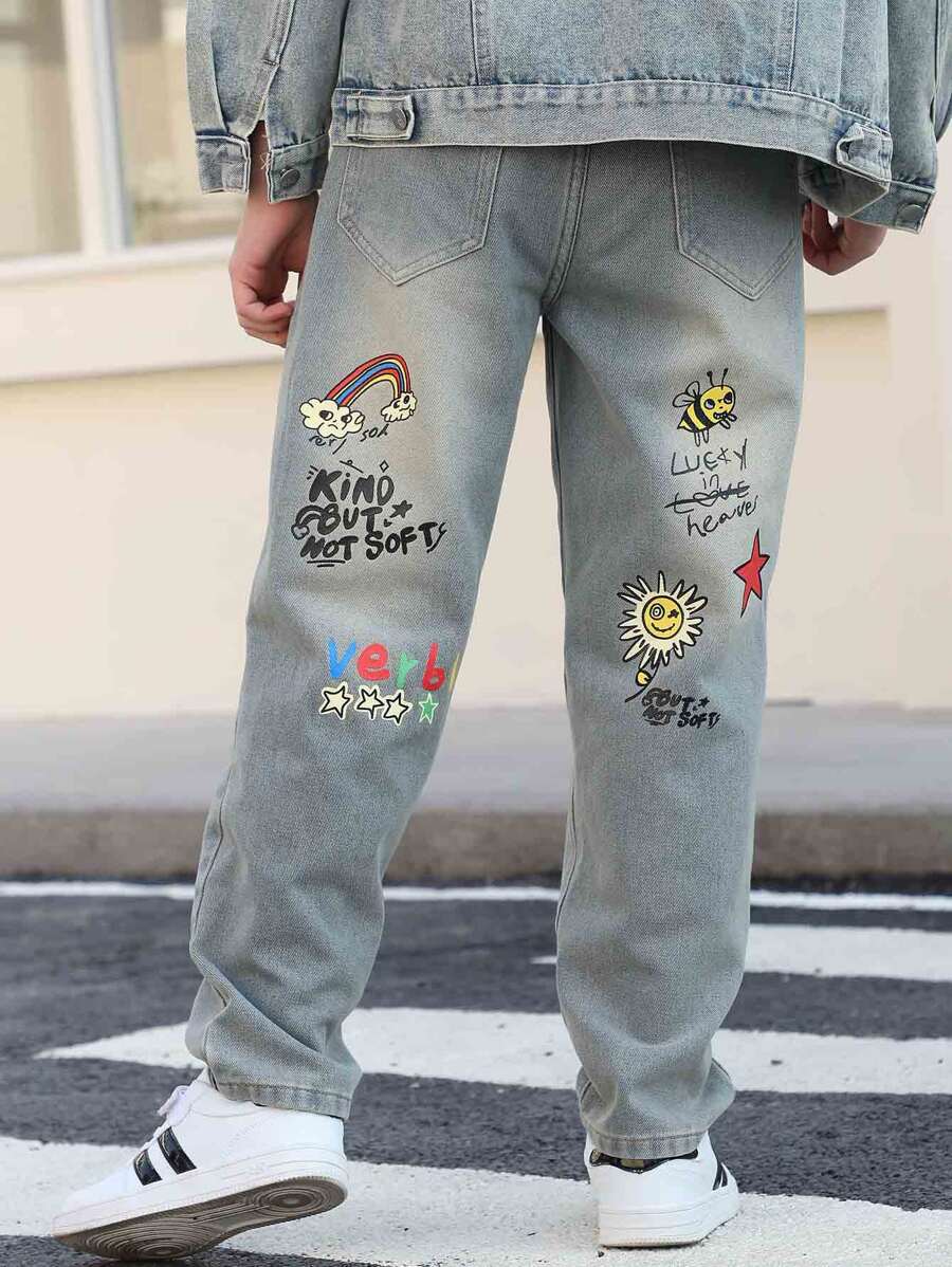 Jeans imprimés stylés pour garçons adolescents et adolescents, pantalons décontracté à la cheville pour garçons, pantalons longs en jean mode