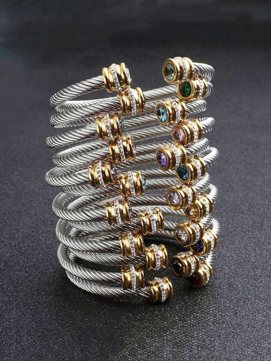 1 Pc Stainless Steel Cable Bracelet With 12 Birthstones And Zirconia, Suitable For Women