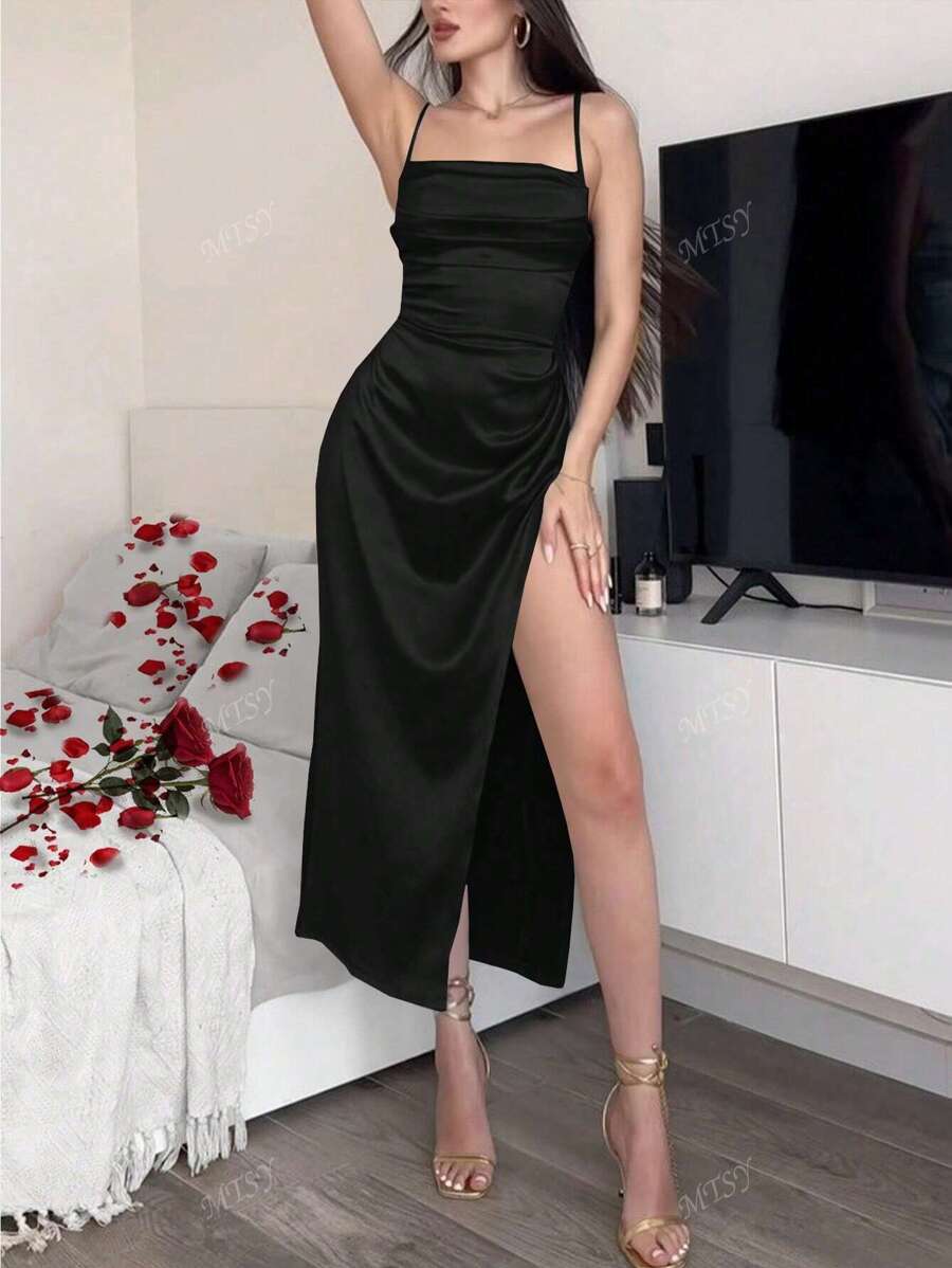 Vestido de fiesta de noche con escote cruzado plisado, abertura lateral plisada, unicolor, sexy para el Día de San Valentín, Rojo