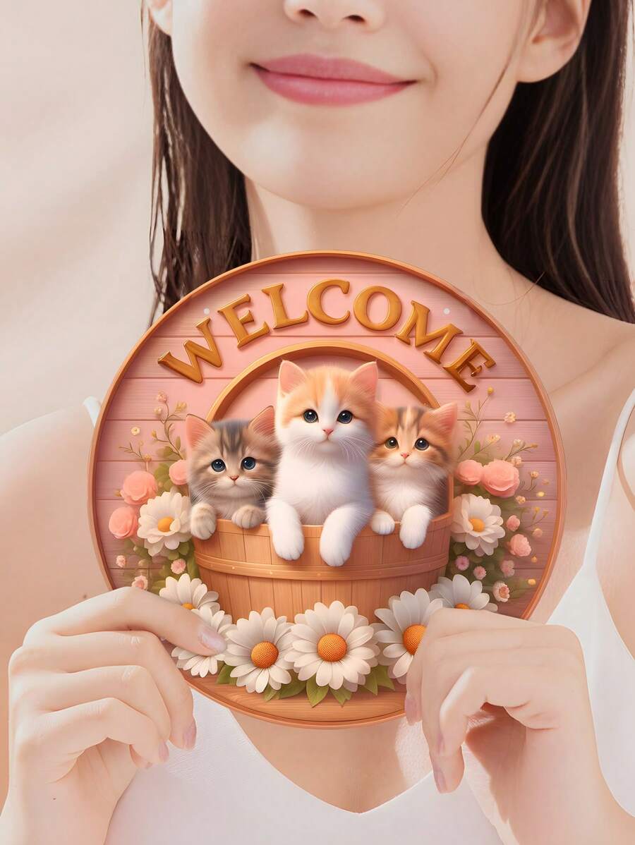 1pc Simple Cartoon Cute Cat "Welcome" Sign, Made Of High Quality Wood, Featuring Wreath Cradle And Adorable Cat Design, Versatile Wall-Mounted Decorative Hanging, Suitable For Entryway, Bedroom, Living Room Gifts Birthday Graduation