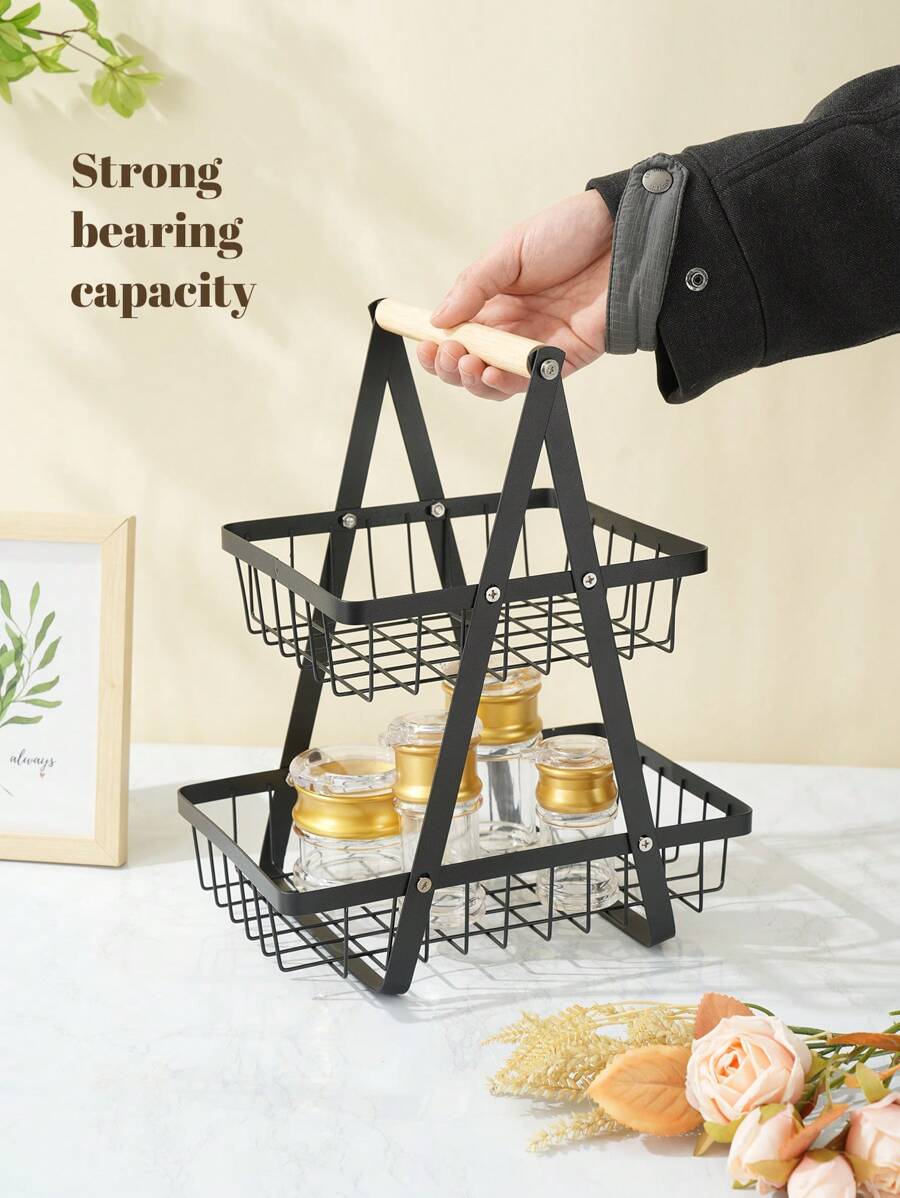 1pc Wrought Iron Foldable Double-Layer Basket, Household Kitchen Fruit And Vegetable Storage Basket Shelf, Holiday Gift