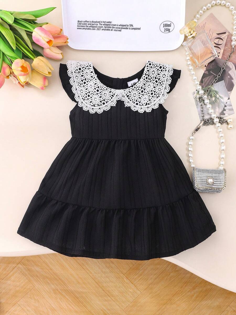 1pc Baby Girls Cute Peter Pan Collar Ruffle Sleeve Little Black Dress, Summer