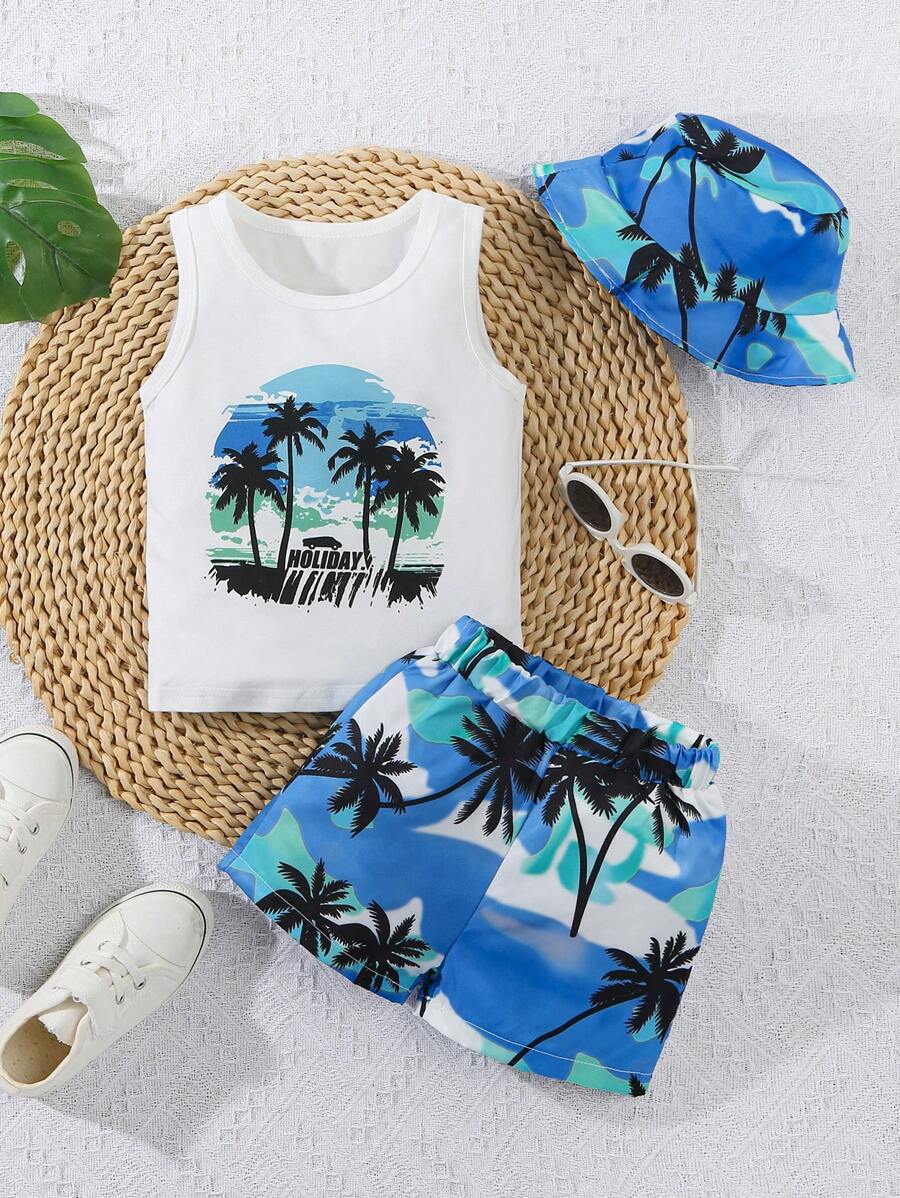 Set da 3 pezzi per neonato maschio, per vacanza: canottiera con stampa albero di cocco e lettera, pantaloncini corti e cappello, stile casual, per l'estate