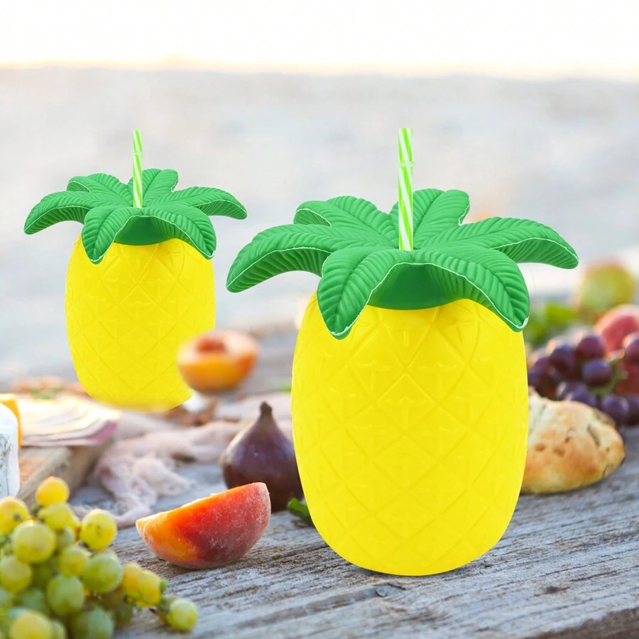 4 pièces Verres à pieds d'ananas avec couvercles et pailles, set de verres à boire pour fête. Verres à boire d'ananas avec couvercle et paille pour fête d'été, mariage, plage, thème tropical hawaïen (style de pailles aléatoire)