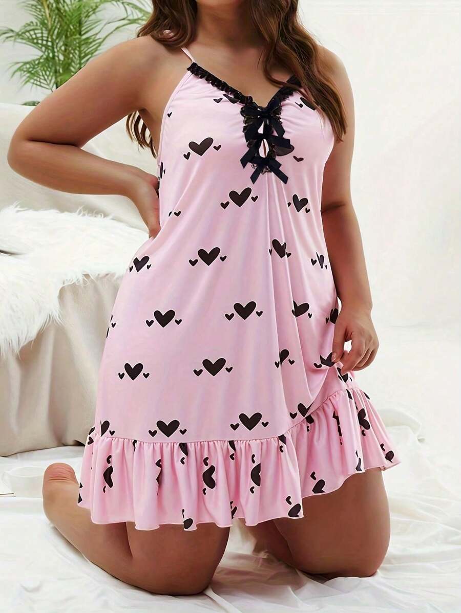 1pc Plus Size Sexy Nightgown - Heart Print, Lace Ruffle Trim And Bow Collar - Comfy Women V-Neck Sleepwear