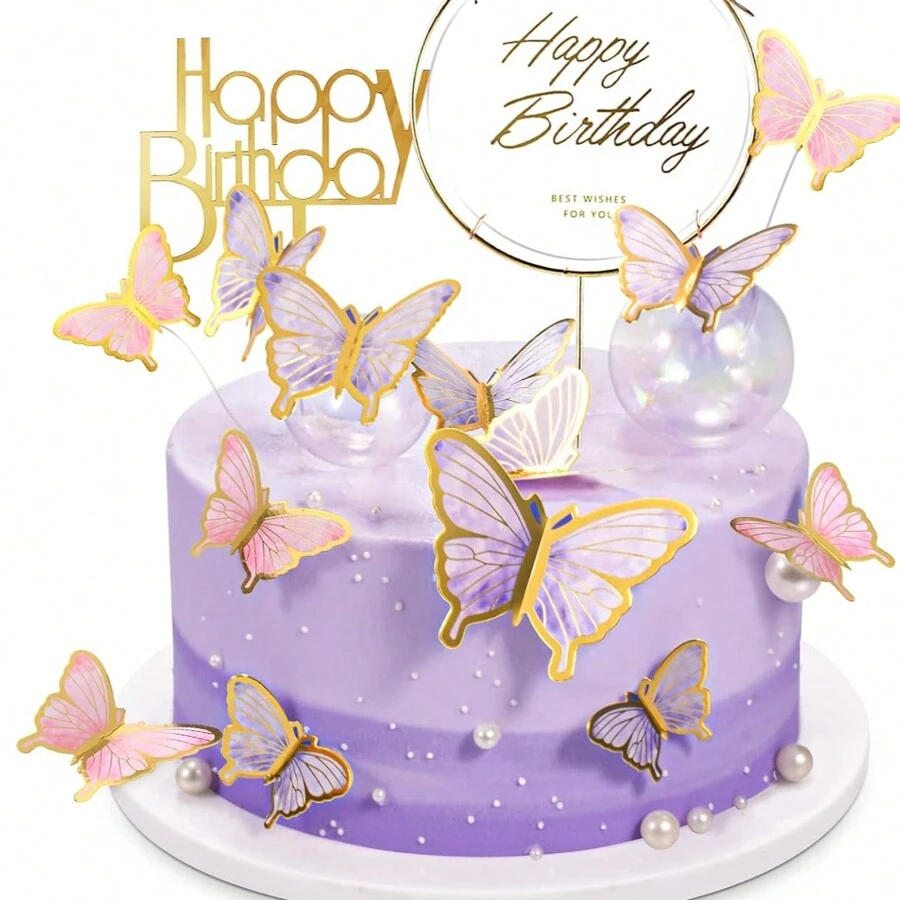 50 Pieces Butterfly Cake Decorations With Happy Birthday Acrylic Cake Toppers For Shower Wedding Birthday Party Decor (Purple & Pink)