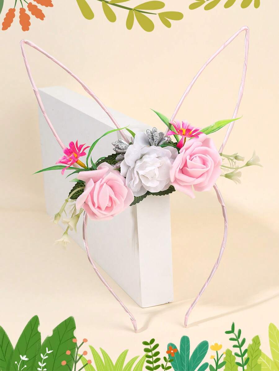 1pc Happy Easter Cosplay Plush Bunny Ear With Flower Headband,Cute Rabbit Headband,Party Costume Headdress Decor,Party Supplies,Photo Props.