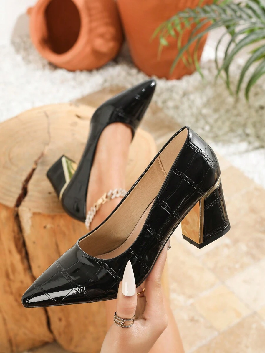 Plus Size Fashion Puntige Teen Chunky Hakken Hoge Hak Pumps, Zwart En Rood