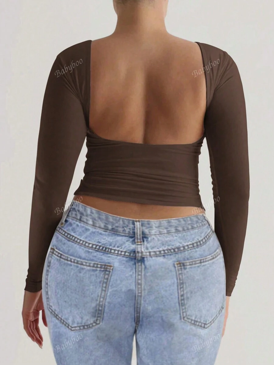 Plus Size Women's Backless Long Sleeve Fitted Sports Tee