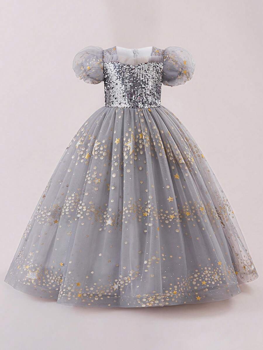 Tween Girls Short Sleeve Sequin Mesh Elegant Party Dress, Suitable For Banquet And Birthday