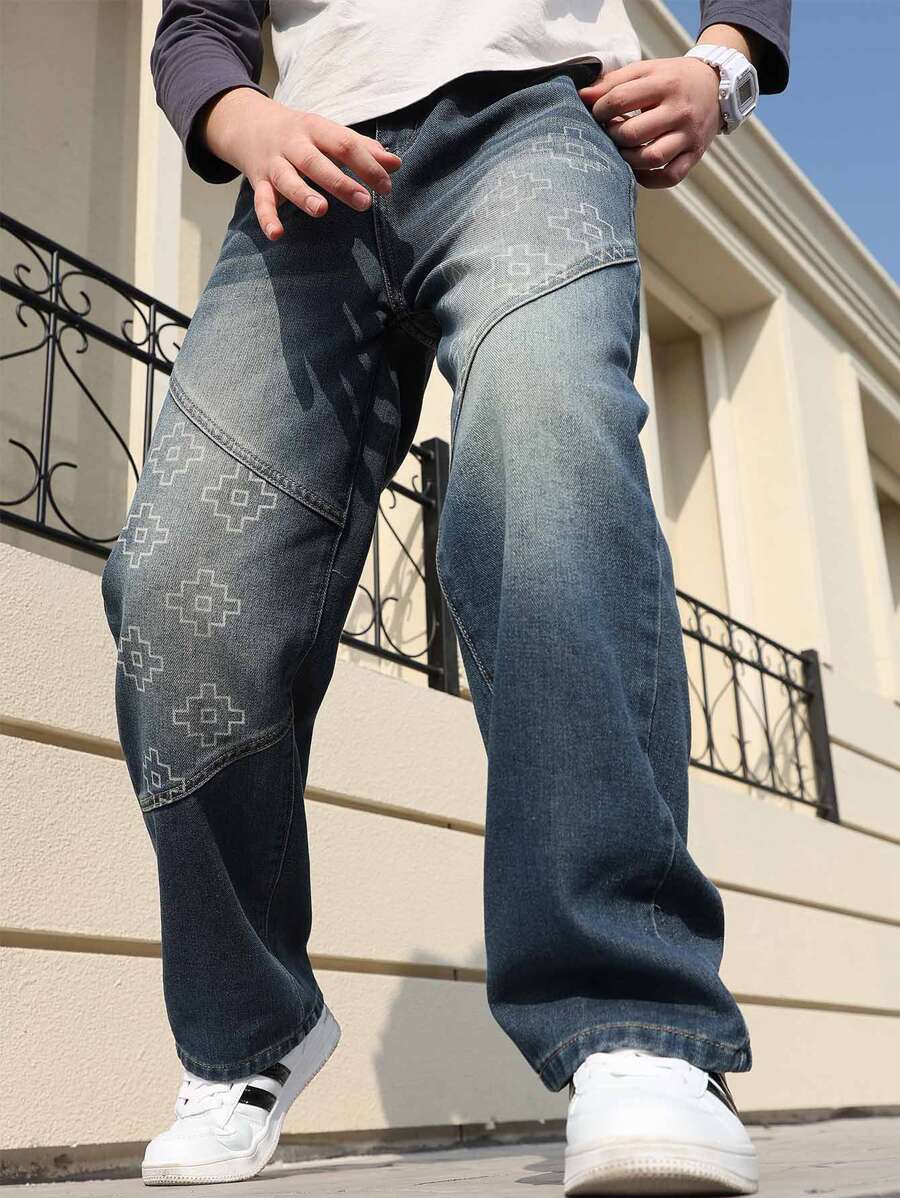 Jeans en denim imprimés pour garçons adolescents, nouveaux pantalons décontractés à jambe droite à la mode pour garçons adolescents au printemps