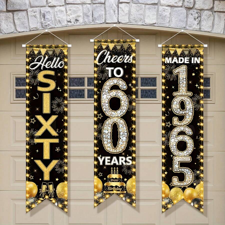 3 piezas Decoraciones para el 60th cumpleaños de hombres y mujeres - Pancarta de "Feliz 60th cumpleaños" Decoraciones para fiesta de cumpleaños Brindis a 60 años Suministros para fiesta de cumpleaños Fondo negro y dorado para decoración del 60th cumpleaños