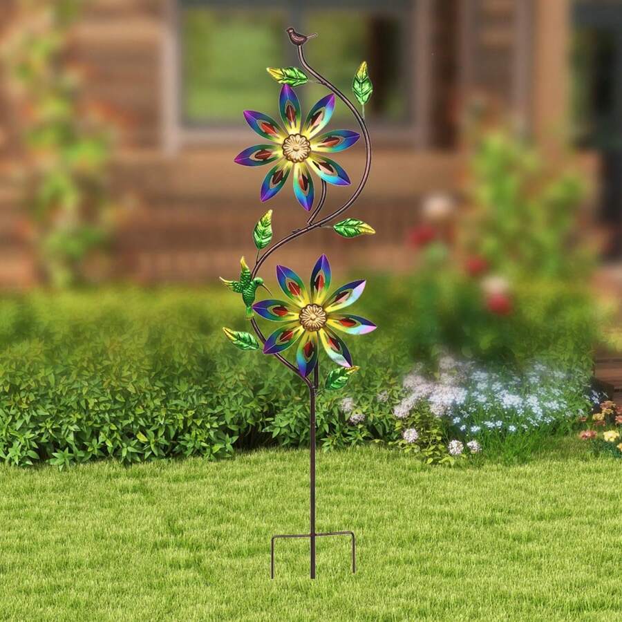 1pc 37in Garden Decoration Wind Spinner With Metal Flower Shape, Dual Heads Gently Spin In The Wind, Suitable For Decorating Garden, Yard, Patio, Pathway