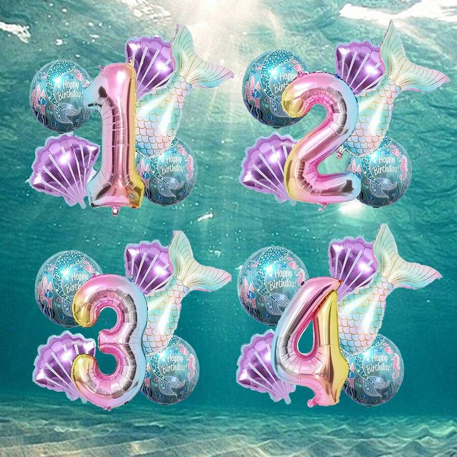 New Oversized Mermaid Tail, Seashell Numbered 1-9 Birthday Set, Suitable For Birthday, Anniversary, Wedding, Mermaid Ocean Theme Party Decorative Balloons