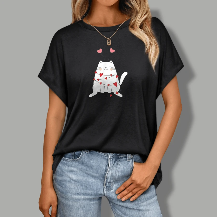 Women's T-Shirts Printed With Funny Cute Heart Cat Valentines Day Cat Lover Cat Graphic Tee Patterns 100% Cotton Casual Short-Sleeved Casual -0117