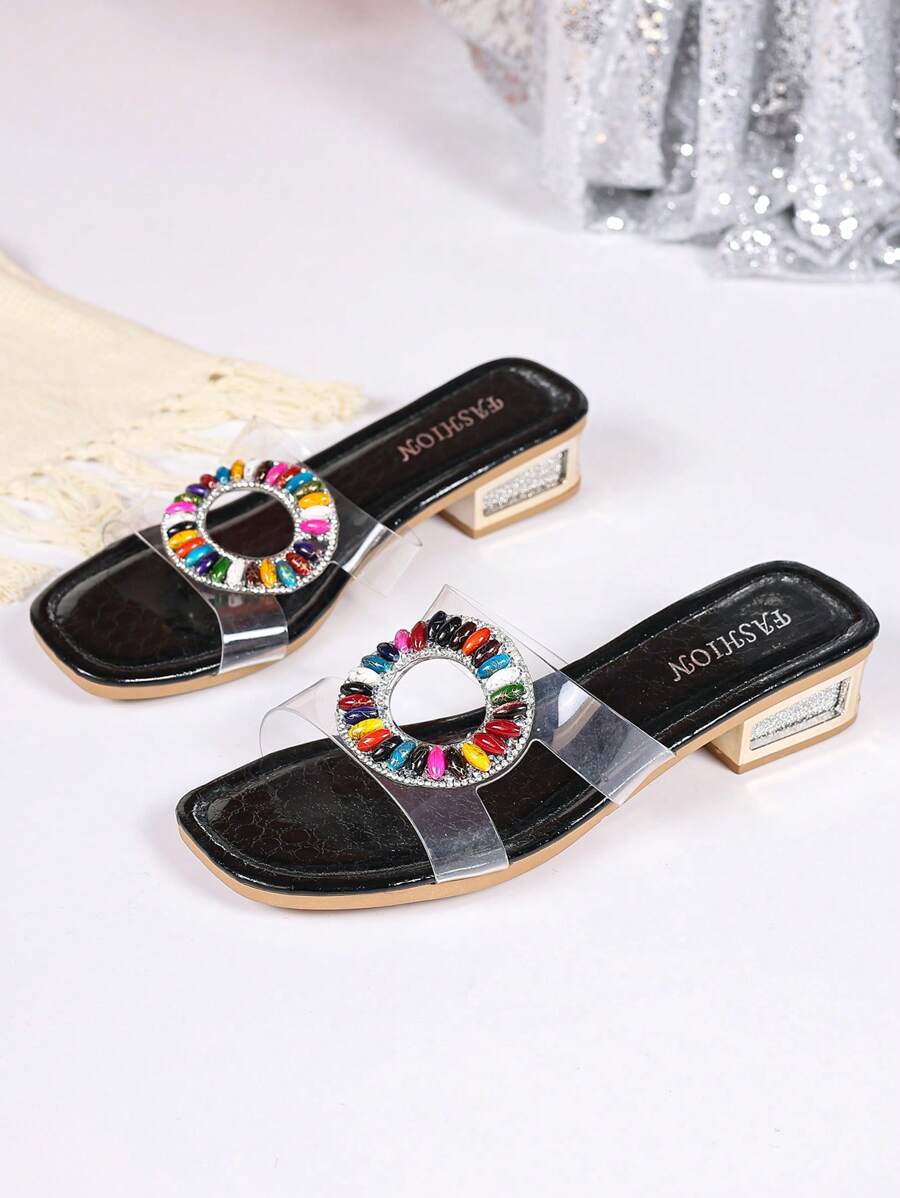 Women's Summer Faux Crystal Studded High Heel Open Toe Mule Sandals