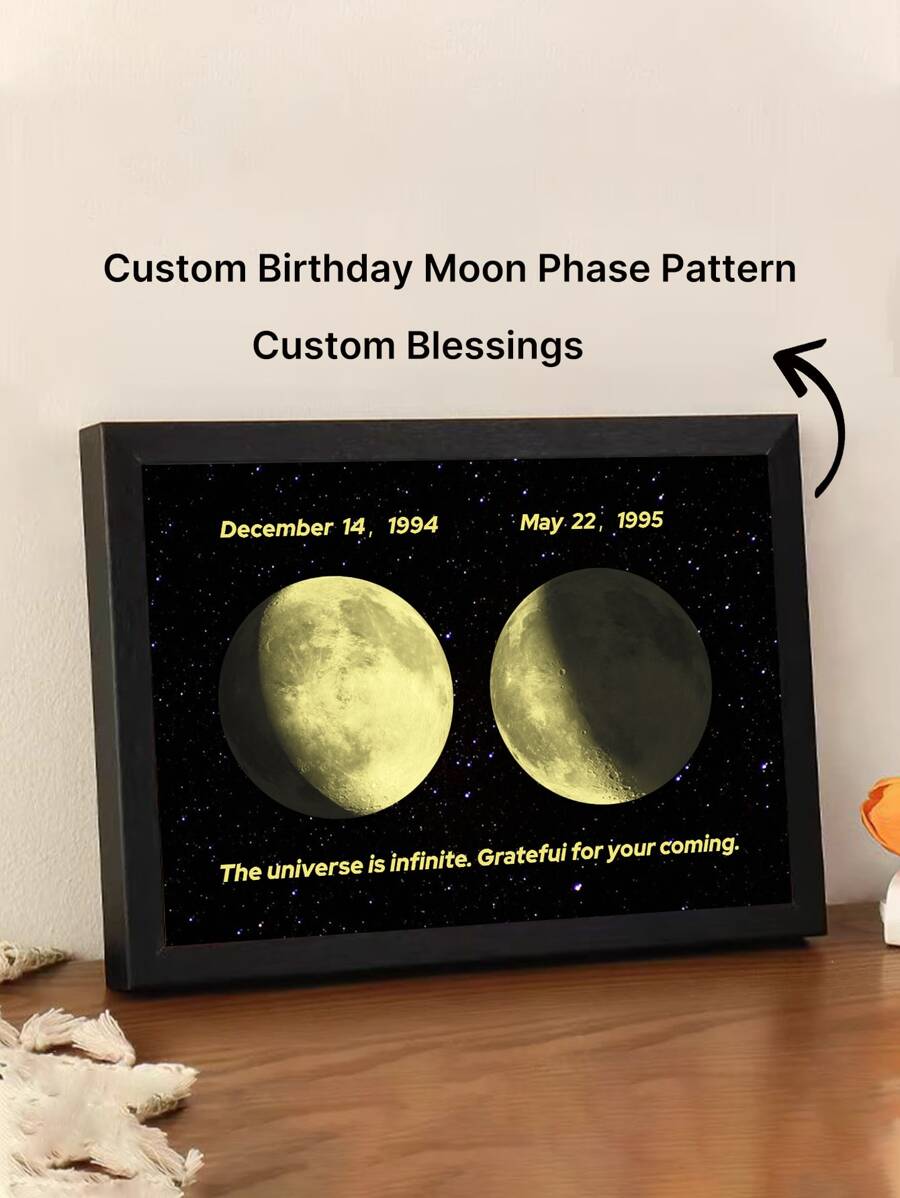 1 pièce Personnalisé Phase de lune de naissance avec cadre en bois, photo commémorative de phase de lune personnalisée, cadeau pour la Saint-Valentin, anniversaire, remise de diplôme, multifonctionnel, durable, décoratif. Pour maman, famille, amis, salle de thé, maison, jardin, bureau. Pour anniversaires, Saint-Valentin, fête des mères, anniversaires, fête des pères, remise de diplôme, mariages, pendaison de crémaillère, rafraîchissement de la maison