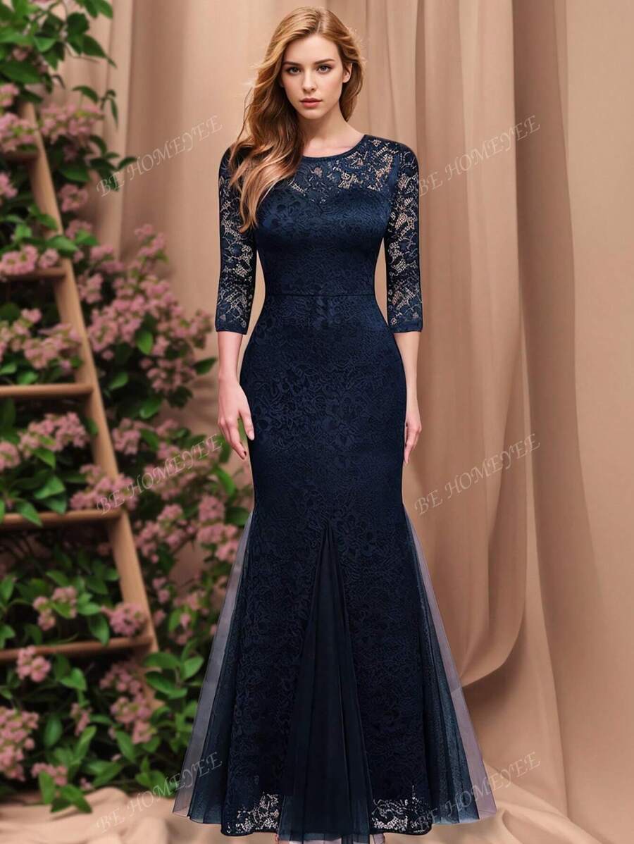 Elegant Lace Mesh Mermaid Bridesmaid Dress, 3/4 Sleeves Dress, Suitable For Weddings & Formal Events, Vintage Casual Resort Party Dress, Wedding Guest Cocktail Dress