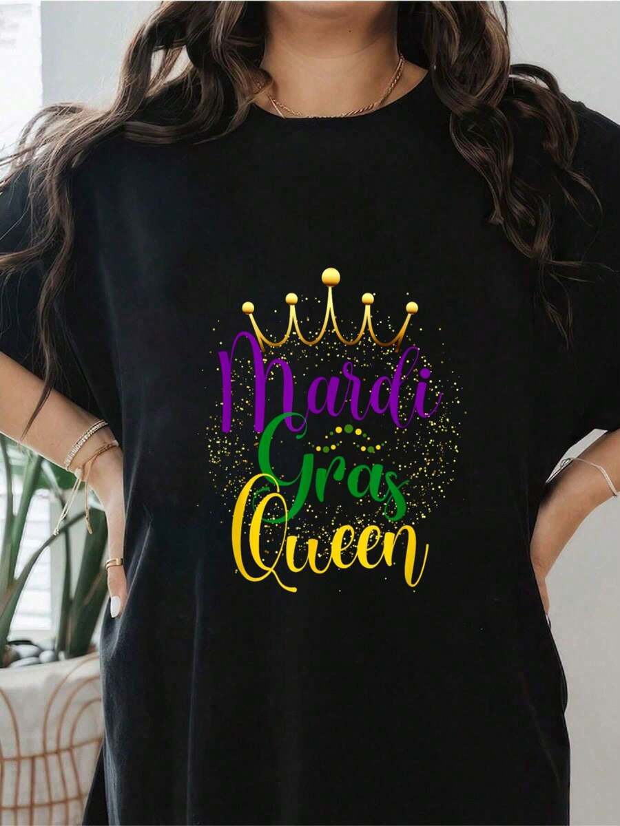 Mardi Gras Queen Parade Costume Party Women Gift Mardi Gras T-Shirt Print T-Shirt, Short Sleeve Round Neck Casual Top For Summer & Spring, Women's Clothing