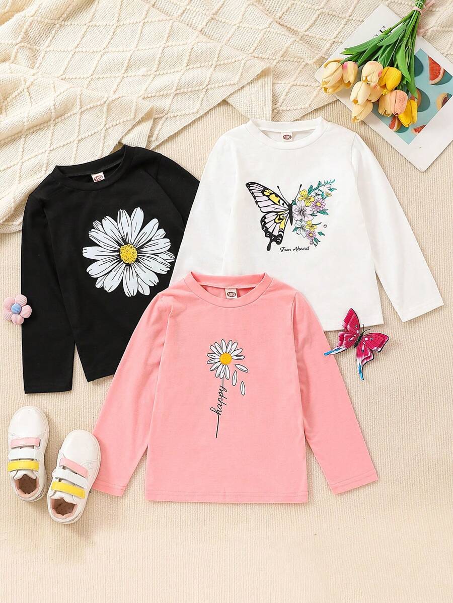 3 stuks/set meisjes mode casual vlinder grafische gebreide ronde hals lange mouw t-shirt, geschikt voor bovenkleding, lente en herfst