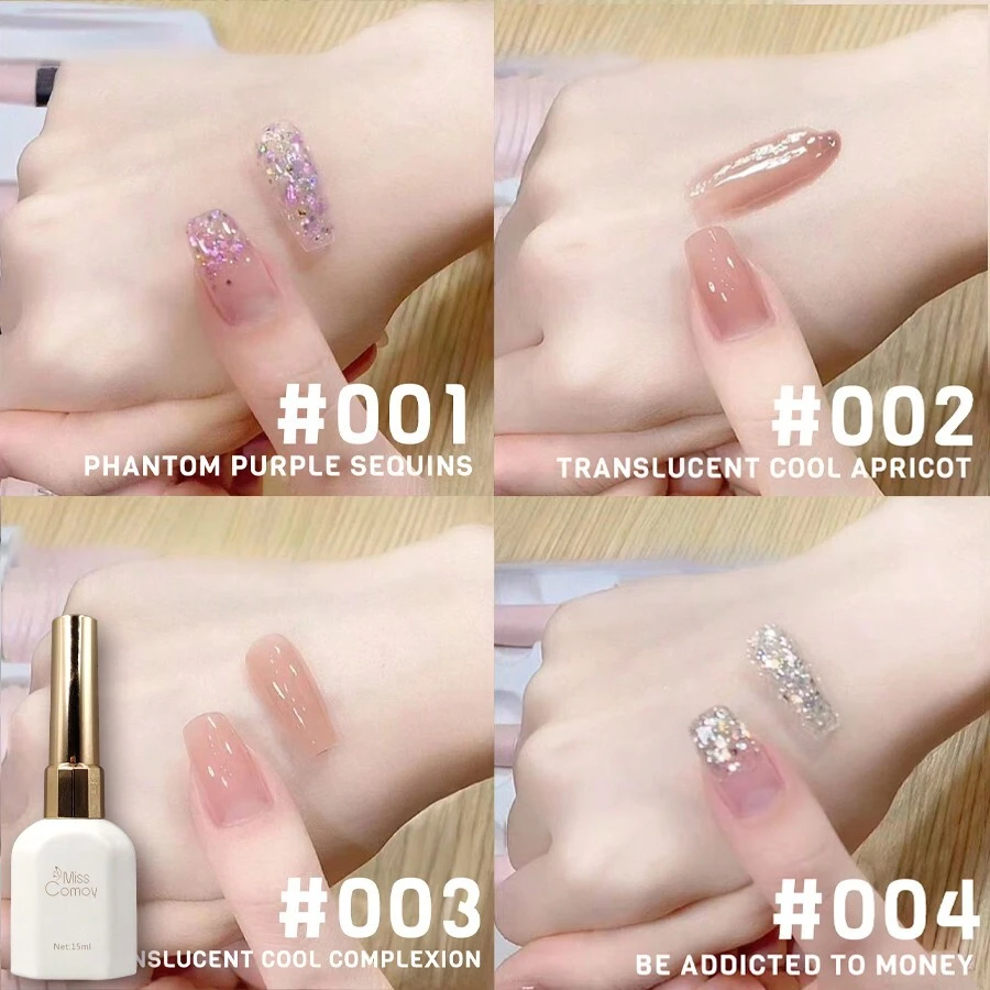 Esmalte de Unha Miss Comoy 15ml Translúcido Gelo Nude 2025 Nova Base Versátil Popular Cor Da Pele Abricó Frio Brilhante Colorida Branca Glitter Lantejoulas Conjunto de 4 Cores de Arte de Unha de Gel DIY Salão de Unhas Adesivo Comumente Usado Salão de Unhas