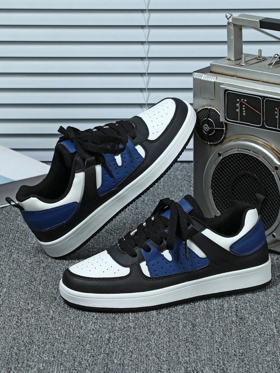New 2025 Men Sports Shoes, White/Black Colorblocked With Blue, Comfortable, Minimalist, Elegant Design, Stable, Versatile Lace-Up Casual/Business Sneakers, Ideal For Walking, Commuting, Gifts, Dates