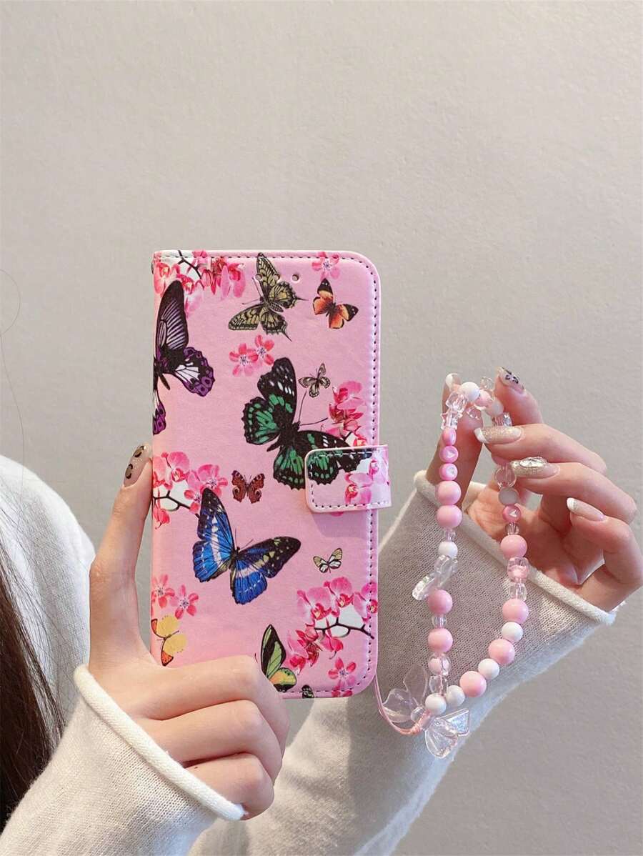 Flipping Cover Cell Phone Case With Colored Butterfly Pattern, Bowtie, Candy, Star, Beaded Wrist Strap