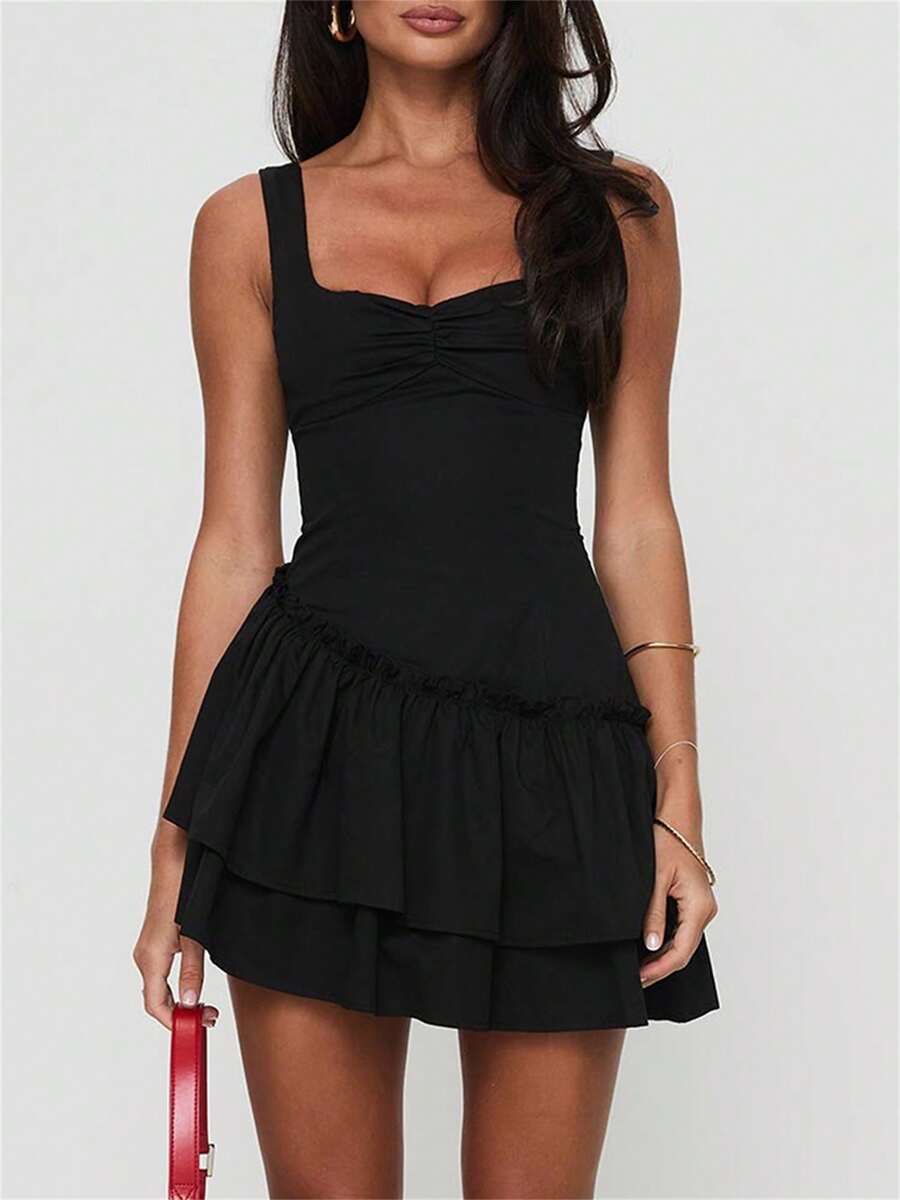 Women's Square Neck Ruffle Hem Mini Dress Sleeveless Back Lace Up Corset Short Party Dresses