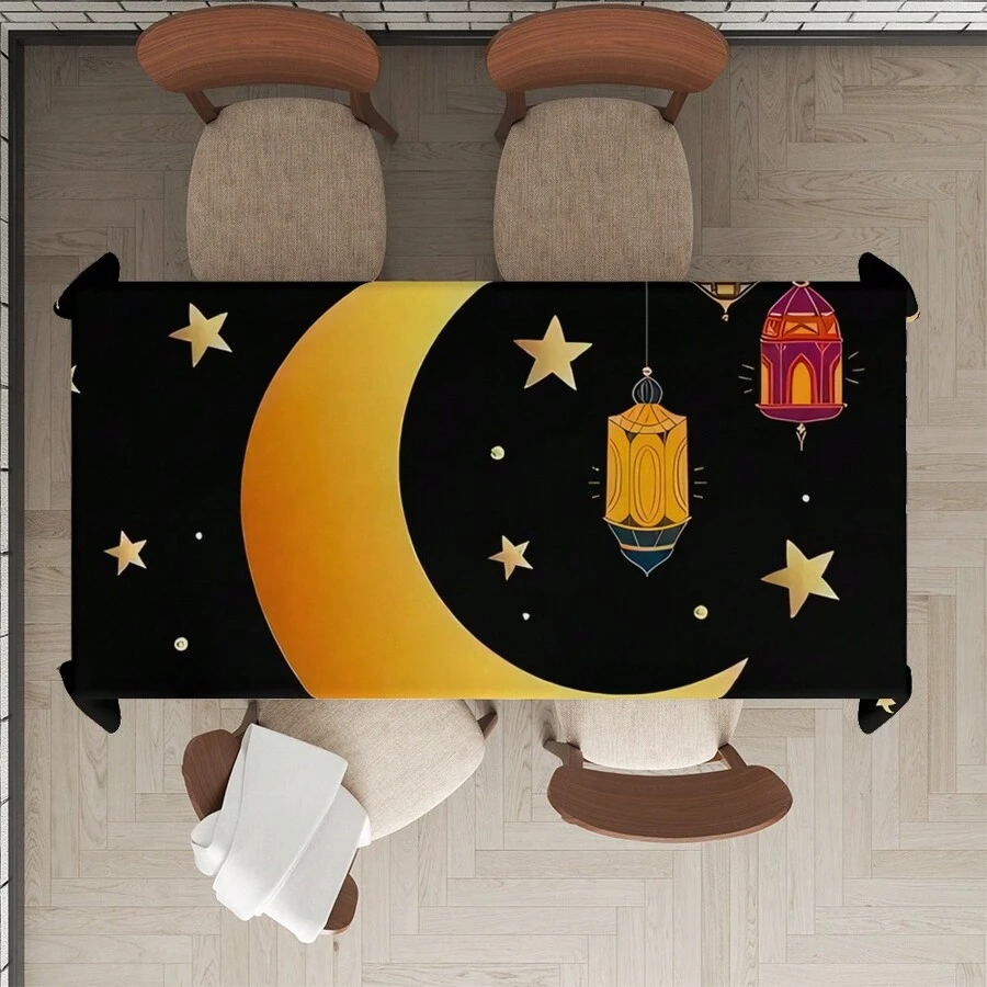 1 pieza Mantel de primavera, mantel rectangular de poliéster con impresiones de luna, estrella y linterna para festivales de oración, decoraciones islámicas diarias, perfecto para regalos, decoración del hogar y picnics al aire libre