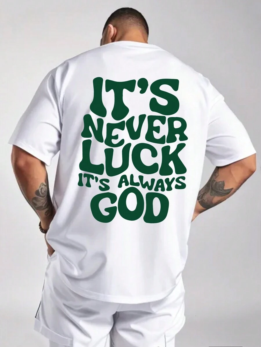 Men's Outdoor Sports Vintage "IT'S NEVER LUCK IT'S ALWAYS GOD" Graphic Breathable Casual T-Shirt, Suitable For Hiking, Fishing, Daily Wear, Spring/Summer