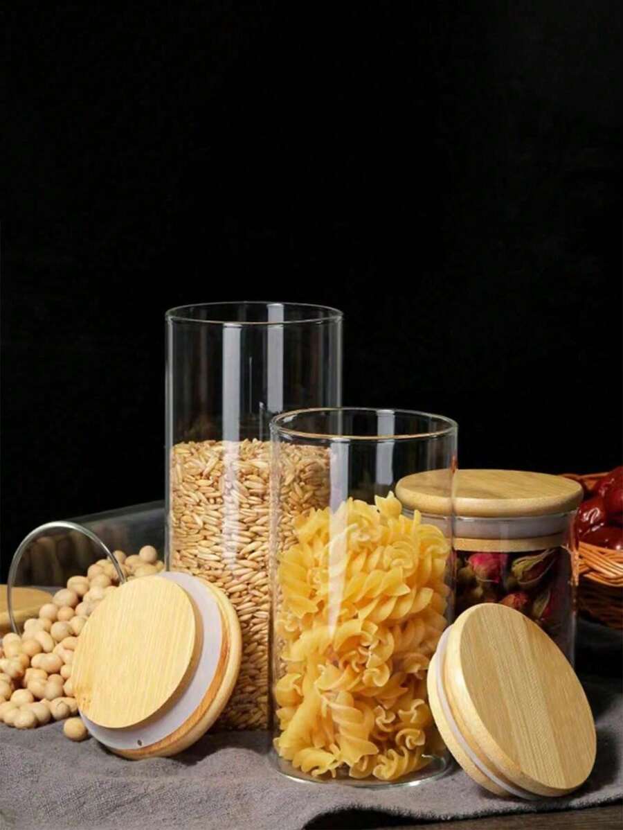 1/4 pezzi Vaso di vetro trasparente con coperchio in bambù, contenitore per tè, cereali, caffè e altri alimenti, accessori essenziali per la cucina e la scuola