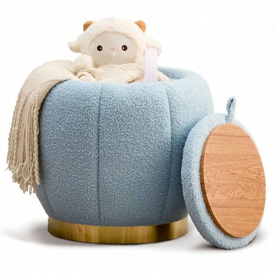 Storage Ottoman, Modern Round Floral Footrest With Soft Padded Seat, Teddy Velvet Footstool, Accent Small Table Or Plant Stand For Hallway, Living Room (Blue)