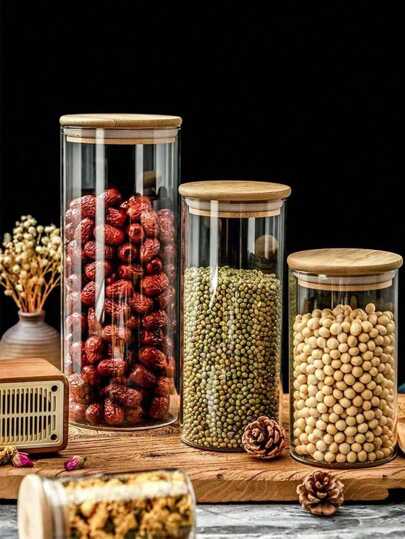 1/4pcs Multi-Specification Transparent Home Bamboo Lid Sealing Jar Transparent Glass Jar Tea Canister Household Grains And Cereals Pickle Coffee Bean Storage Storage Jar Kitchen Storage Essentials