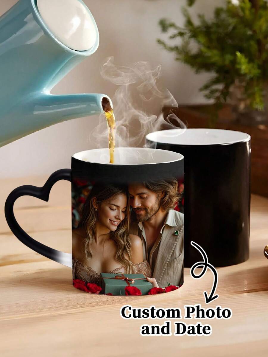 1pc 11Oz Personalized Customized Photo Magic Mugs, Calendar Coffee Mugs, Heat-Sensitive Color-Changing Mugs With Heart-Shaped Handles, Anniversary Mugs. They Are Ideal Gifts For Couples, Birthdays, Anniversaries And Valentine's Day