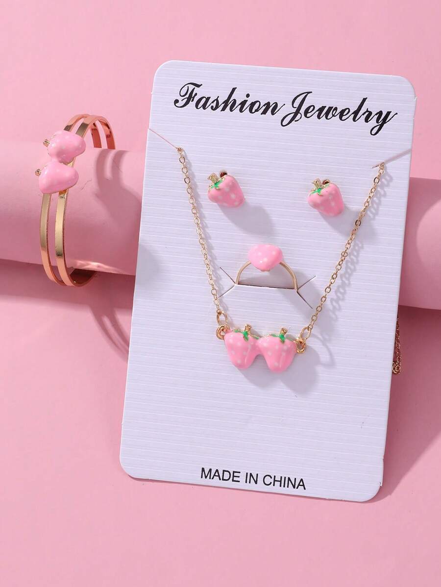 5 pièces/set Collier, bracelet, boucles d'oreilles, bague en forme de fraise pour filles, ensemble de bijoux