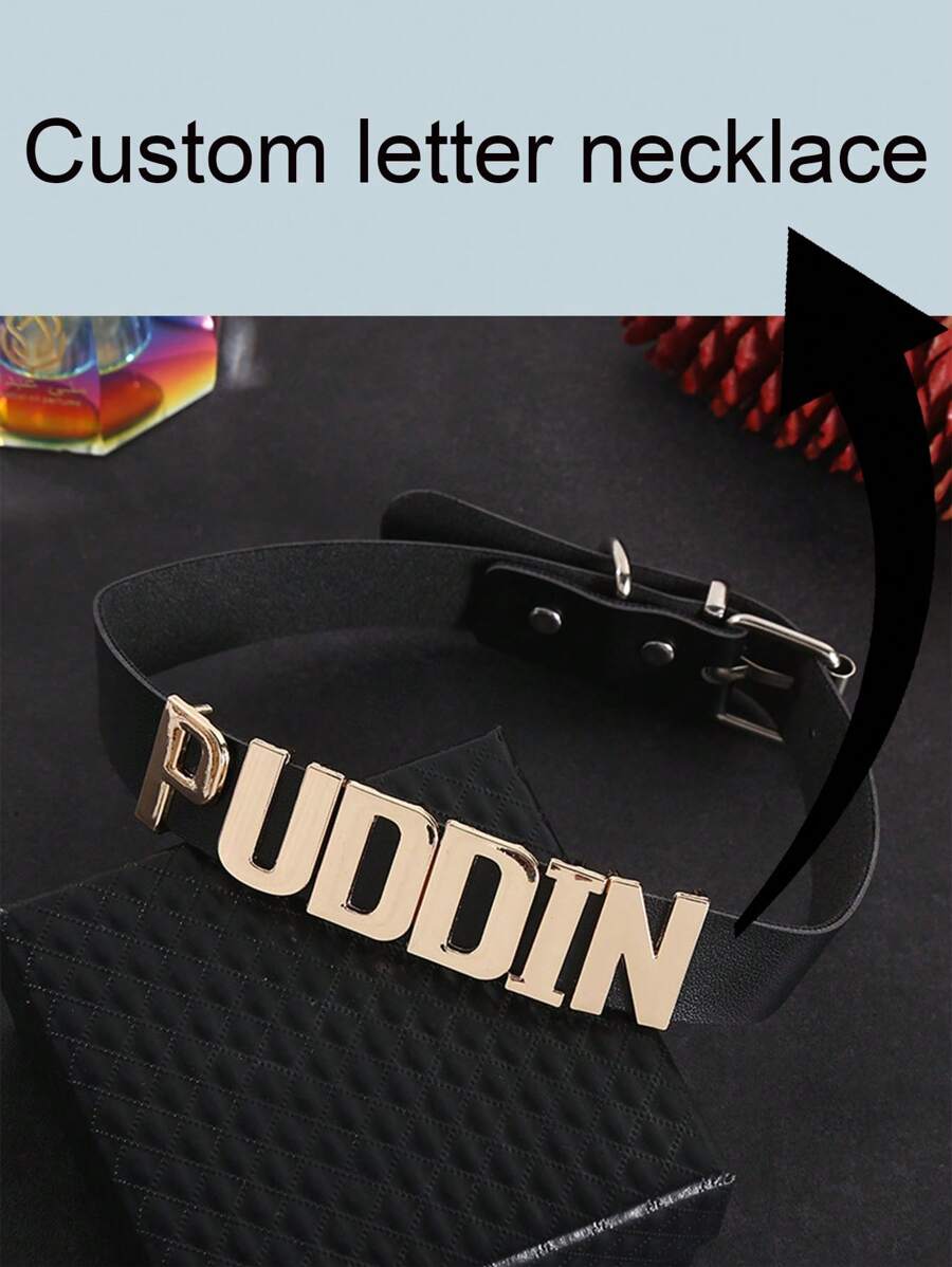 1 buc. Colier personalizat cu litere personalizate, piele PU, cu nume personalizat, joc de rol, colier cu litere selectate, bijuterii punk DIY, sinucidere, Halloween, colier din piele cu scrisoare PUDDIN