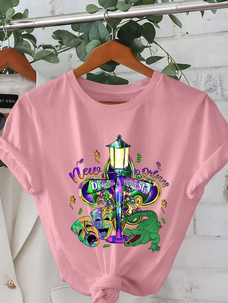 Cartoon Letter Graphic Print T Shirt, Short Sleeve Crew Neck Casual Top For Summer & Spring, Women's T-Shirt